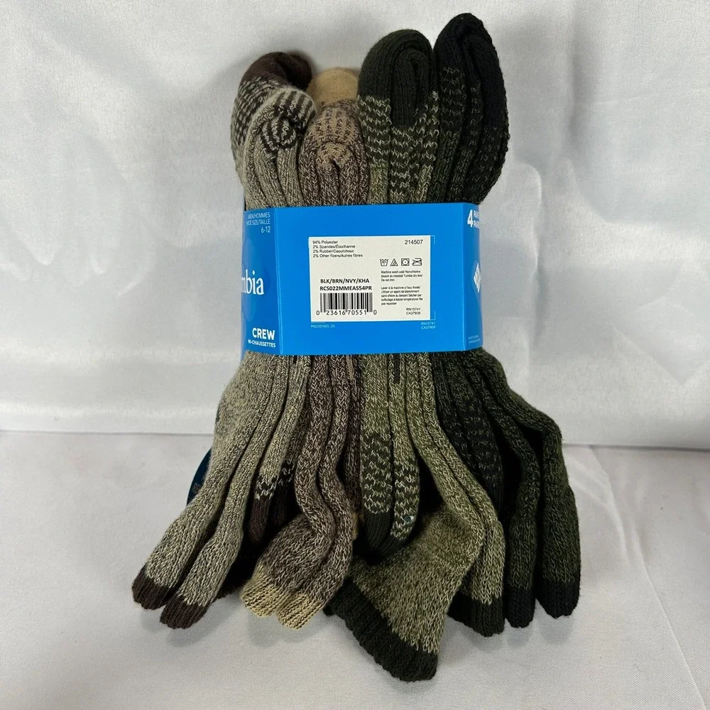 Columbia Mens Crew Socks 4 Pairs Green Tan Brown Reinforced Heel Toe Size 6-12